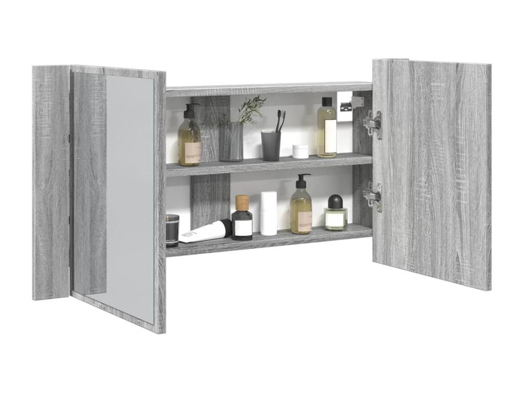 Armario espejo de baño luz LED acrílico gris Luzssnh 90x12x45 cm
