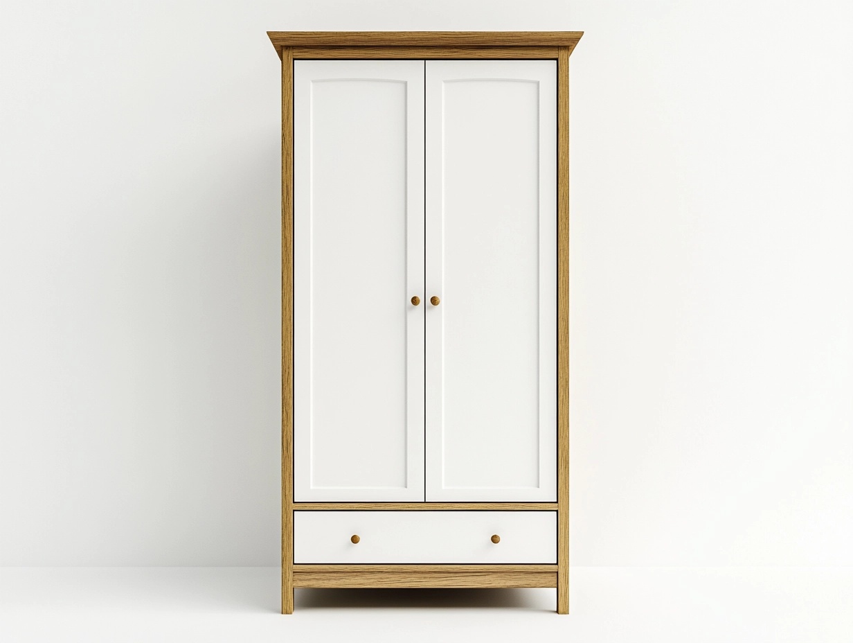 Armario blanco y madera roble para dormitorio diseño moderno 180x90x50 cm con puertas dobles y cajón inferior PU2699979