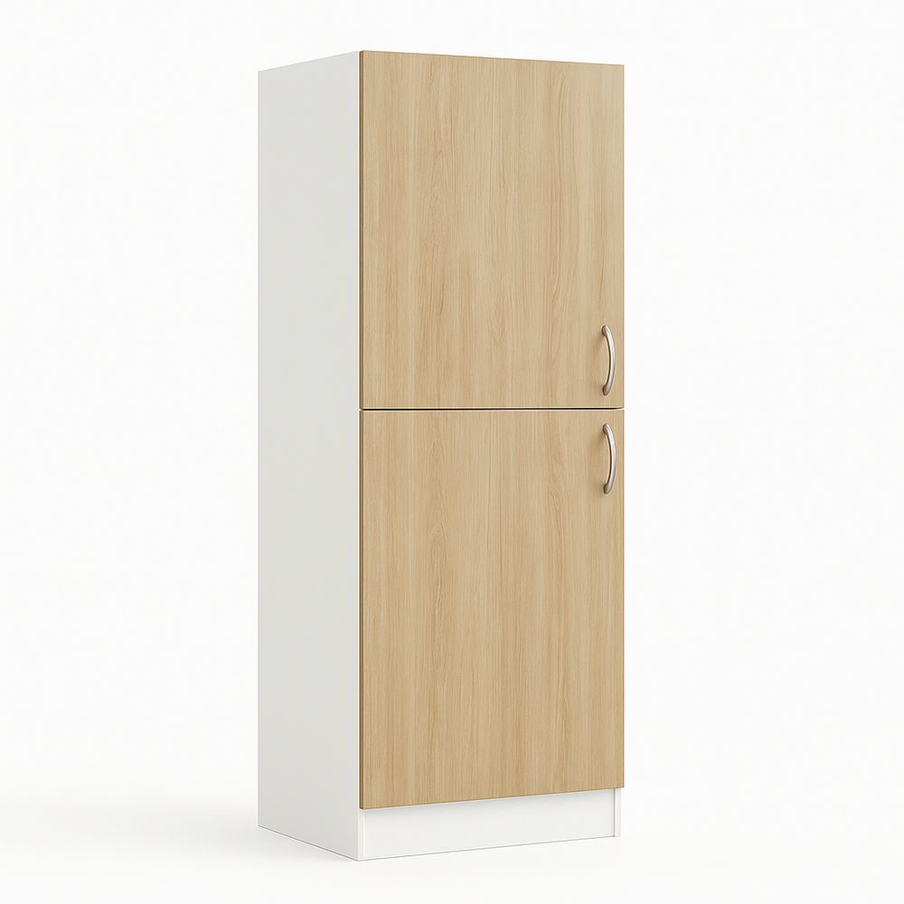 Armario moderno de almacenamiento de dos puertas, estructura de madera y acabado blanco, diseño funcional, ideal para la cocina o el comedor