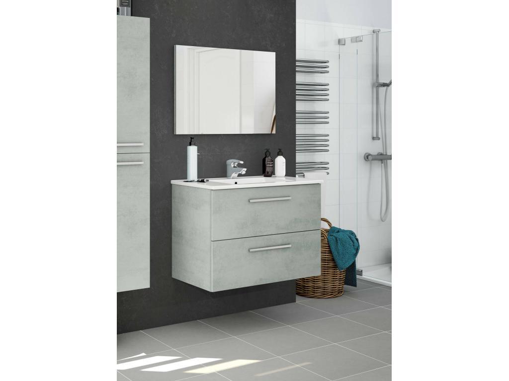 Armario bajo encimera Confortzx - Mueble de baño suspendido - Armario con 2 cajones y espejo - 80x45h57 cm - Hormigón