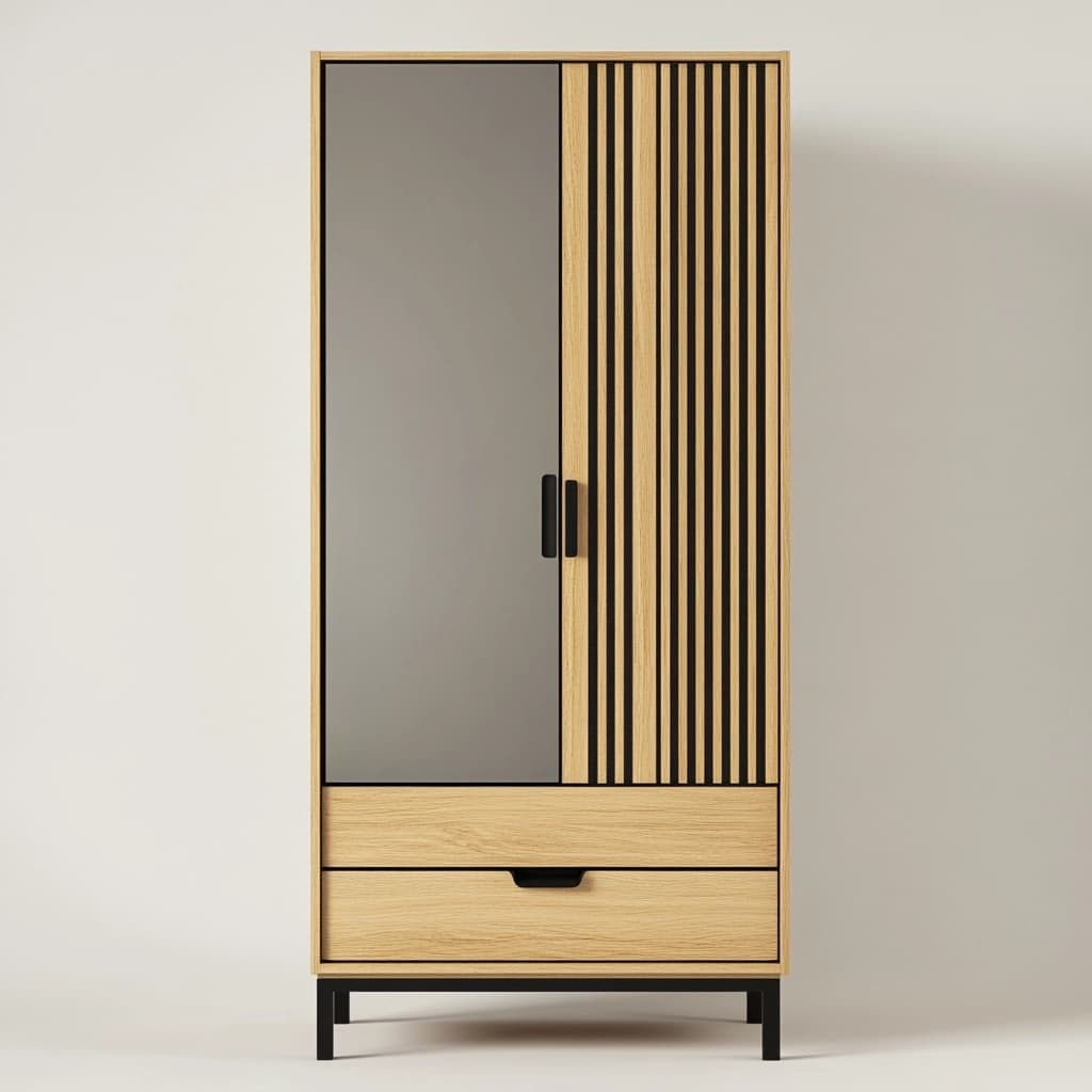 Armario de dormitorio moderno de madera roble con puertas correderas y cajones almacenamiento grande estilo minimalista 180x90x50 cm