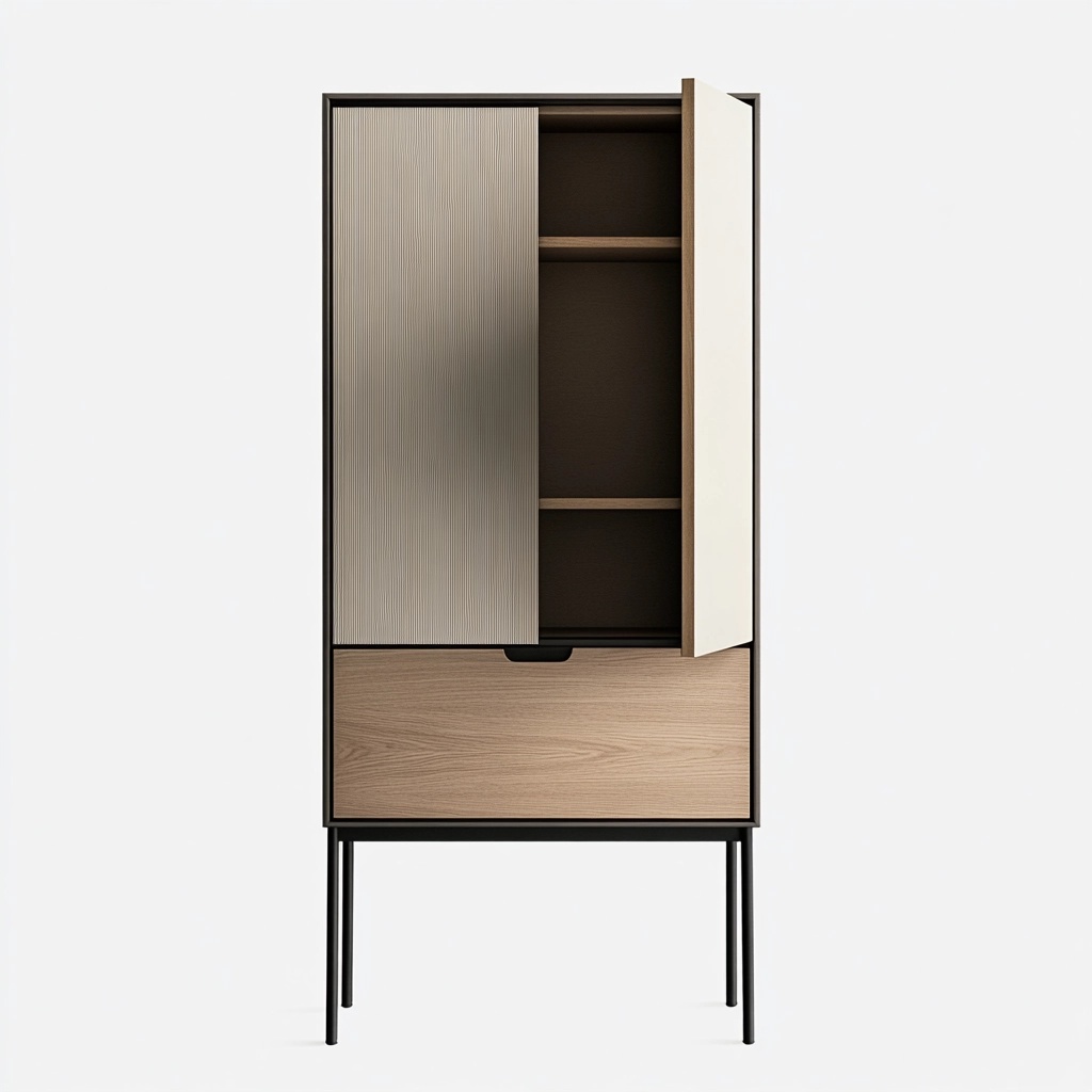 Armario alto con puertas y cajón madera y metal almacenamiento para sala moderno diseño minimalista beige y natural 160x80x40 cm SU0778611