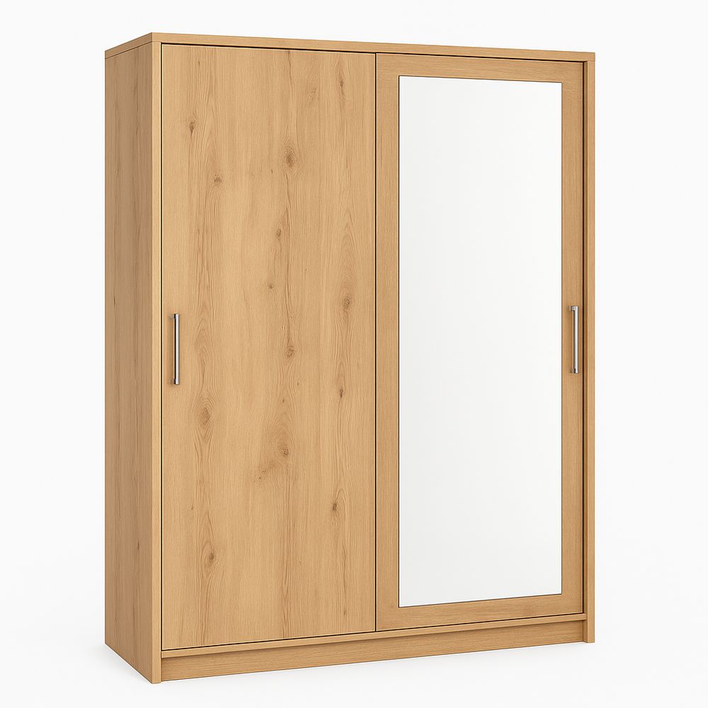 Armario moderno de dos puertas con espejo, diseño minimalista en madera, almacenamiento elegante y funcional, ideal para dormitorio o vestidor
