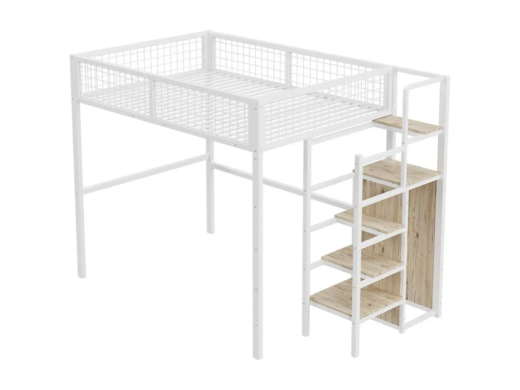 Cama altillo infantil 140x200 cm con estructura de hierro - con escalera y armario - Blanco