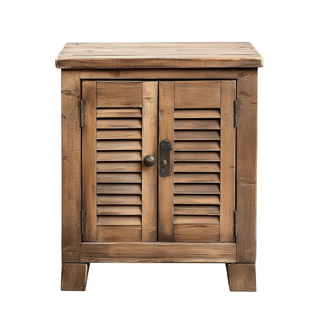 Mesita auxiliar de madera para salón acabado rústico con puertas estilo persiana almacenaje compacto 60x40x30 cm armario lateral
