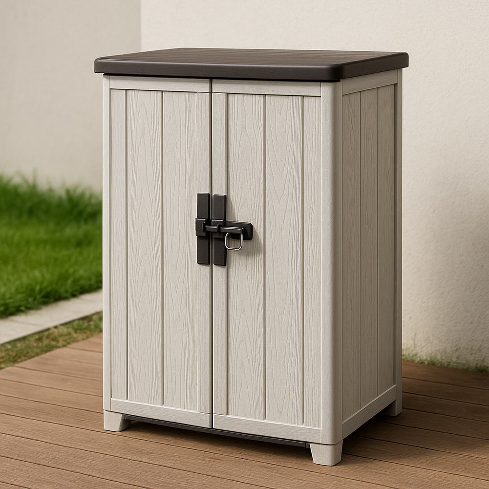Hogar y Jardín Armario de almacenamiento Resina 87x46.5x100 cm Beige/Marrón Exterior Impermeable Cerradura