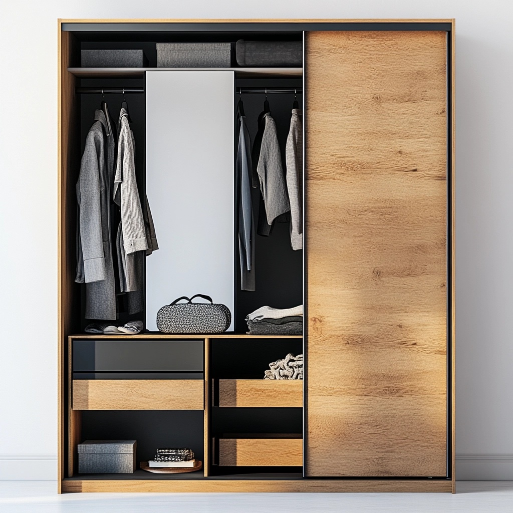 Armario moderno para dormitorio con puertas correderas madera y negro gran capacidad almacenamiento con espejo 200x210x60cm IV8628176