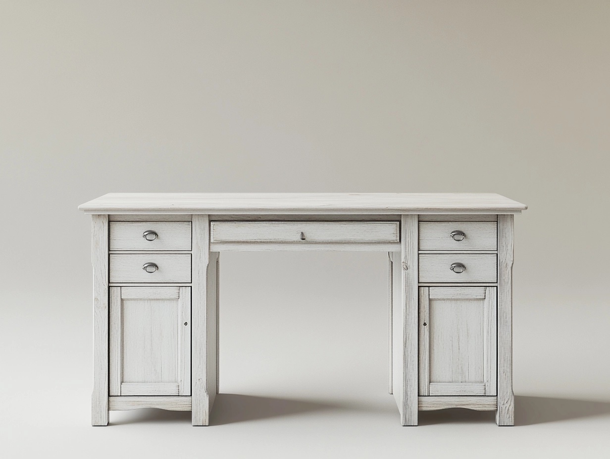 Escritorio de madera blanco rústico para oficina y estudio con cinco cajones y dos armarios 120x60x76 cm cj6517486
