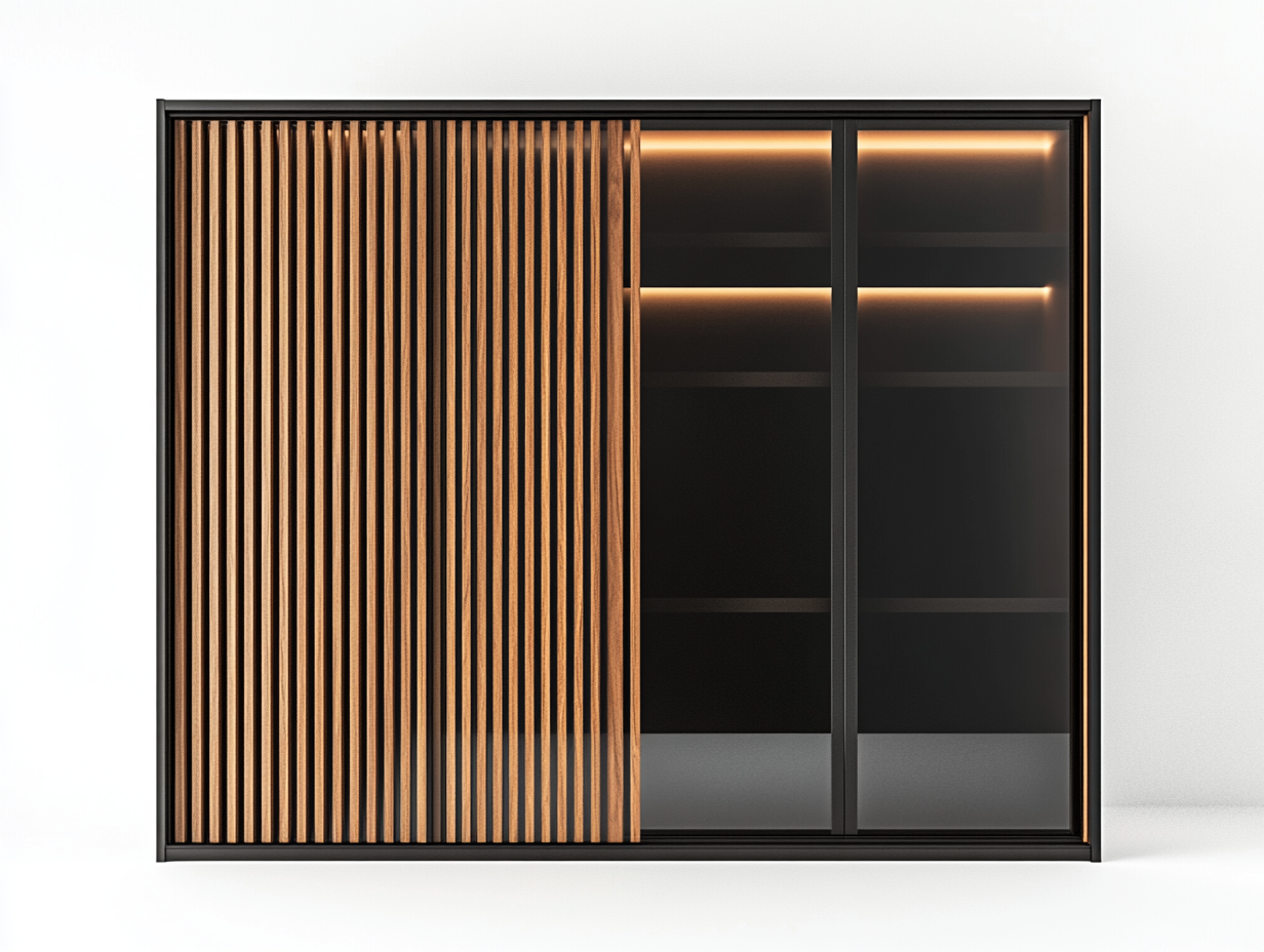 Armario de madera y vidrio moderno para salón con iluminación LED dimensiones 180x90x40 cm - negro y marrón