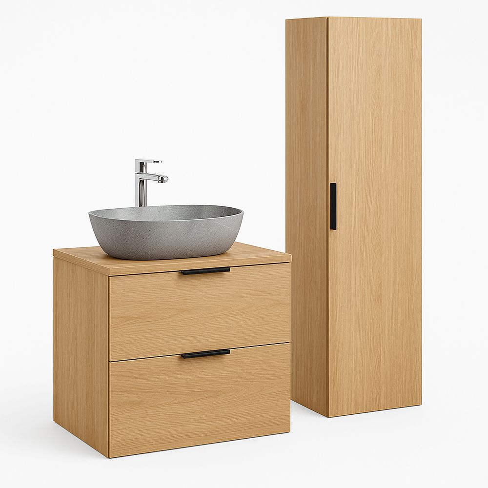 Mueble de baño moderno con lavabo de cerámica, estilo minimalista, madera de roble claro, 2 cajones y armario alto