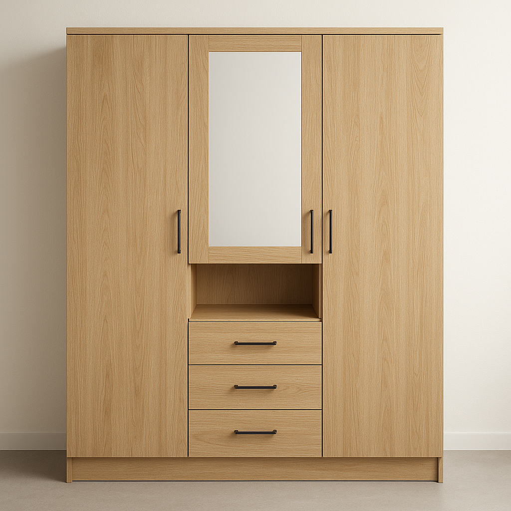 Armario de Madera con Espejo 3 Puertas 3 Cajones 150cm