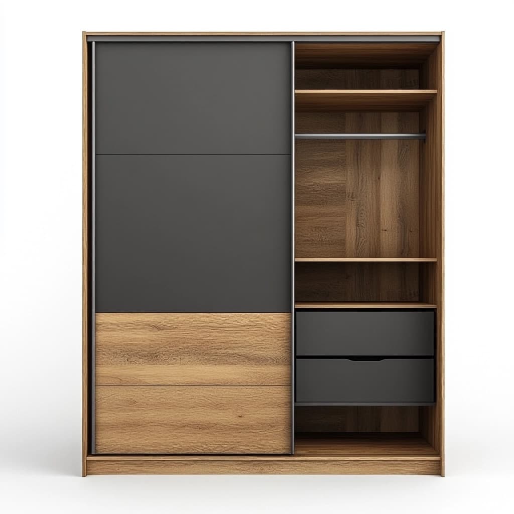 Armario de dormitorio gris y madera MDF, puertas correderas, cajones y compartimentos, 200x180x60 cm