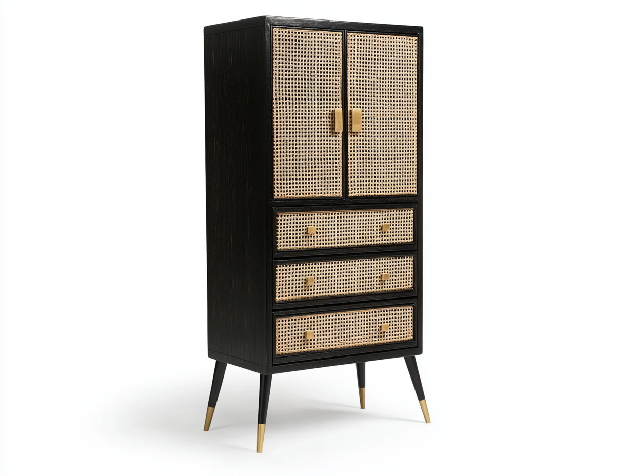Armario alto de madera con puertas de rejilla y cajones para dormitorio o salón estilo vintage RJ0797516