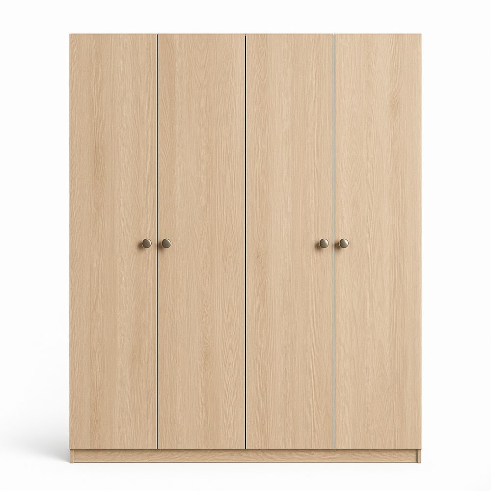 Armario moderno de cuatro puertas en color madera clara, almacenamiento funcional y estilo contemporáneo