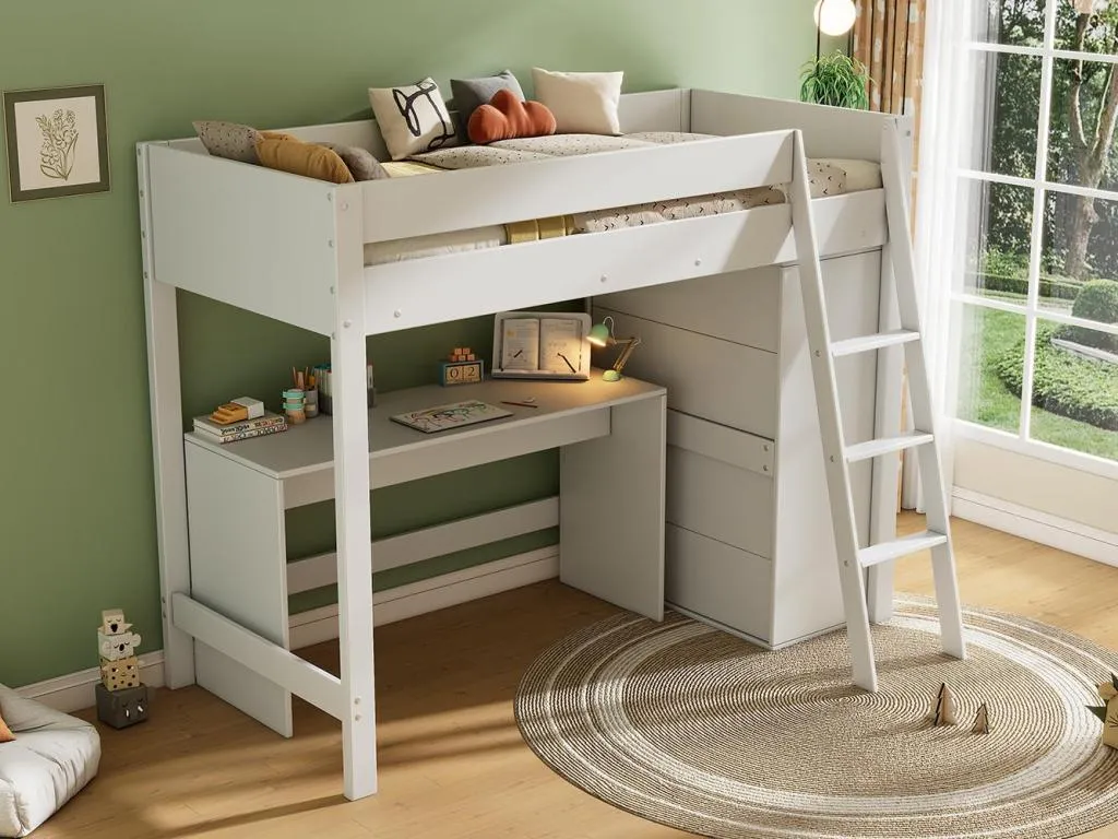 Cama altillo 90x200 cm de Alkihogares - con escritorio y armario modular - Blanco