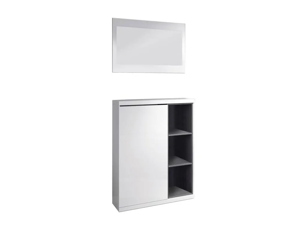 Armario zapatero de entrada con espejo y 3 baldas – Blanco y gris ceniza 79x25x167 cm – Casahandy