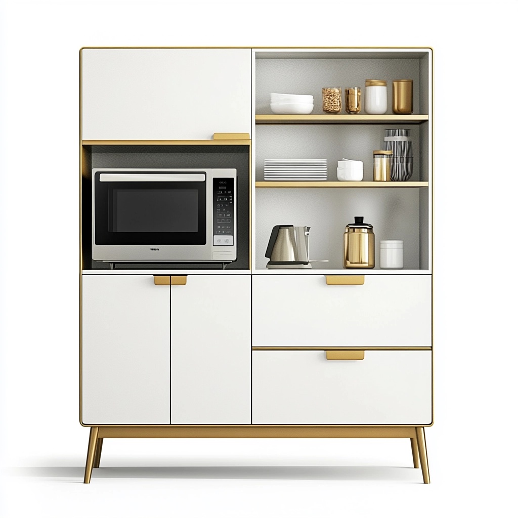 Alacena de cocina moderna multifuncional de madera con armarios estantes y espacio para microondas en blanco y dorado para comedor o cocina HJ7568956