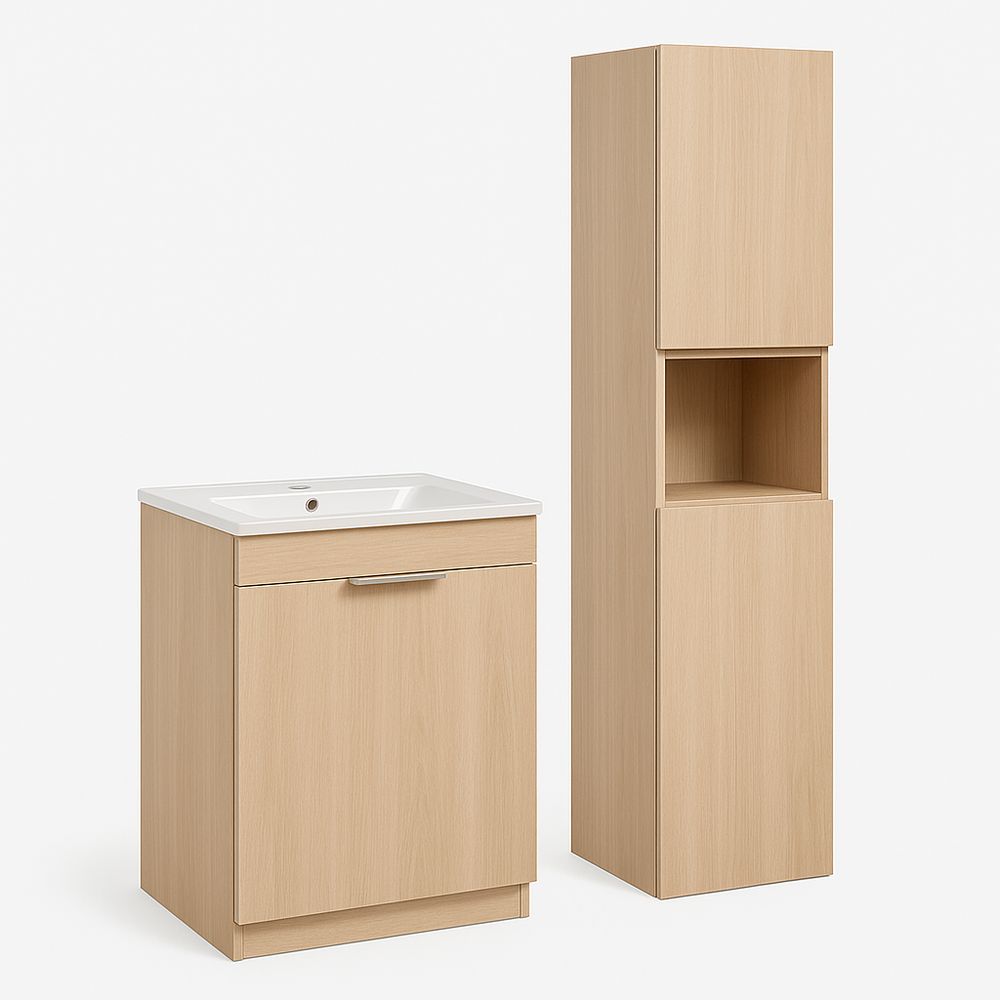 Conjunto de Muebles de Baño Moderno, Lavabo de Resina, Armario de Almacenamiento, Color Madera Clara, Diseño Minimalista, Ideal para Baños Pequeños