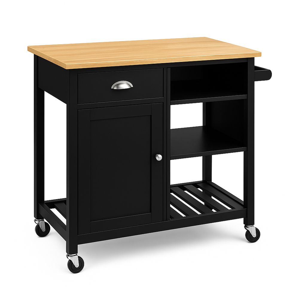 Carro de cocina con estante de madera,carrito multifuncional de acero con ruedas,armario de almacenamiento negro,cocina moderna,90x45x85 cm