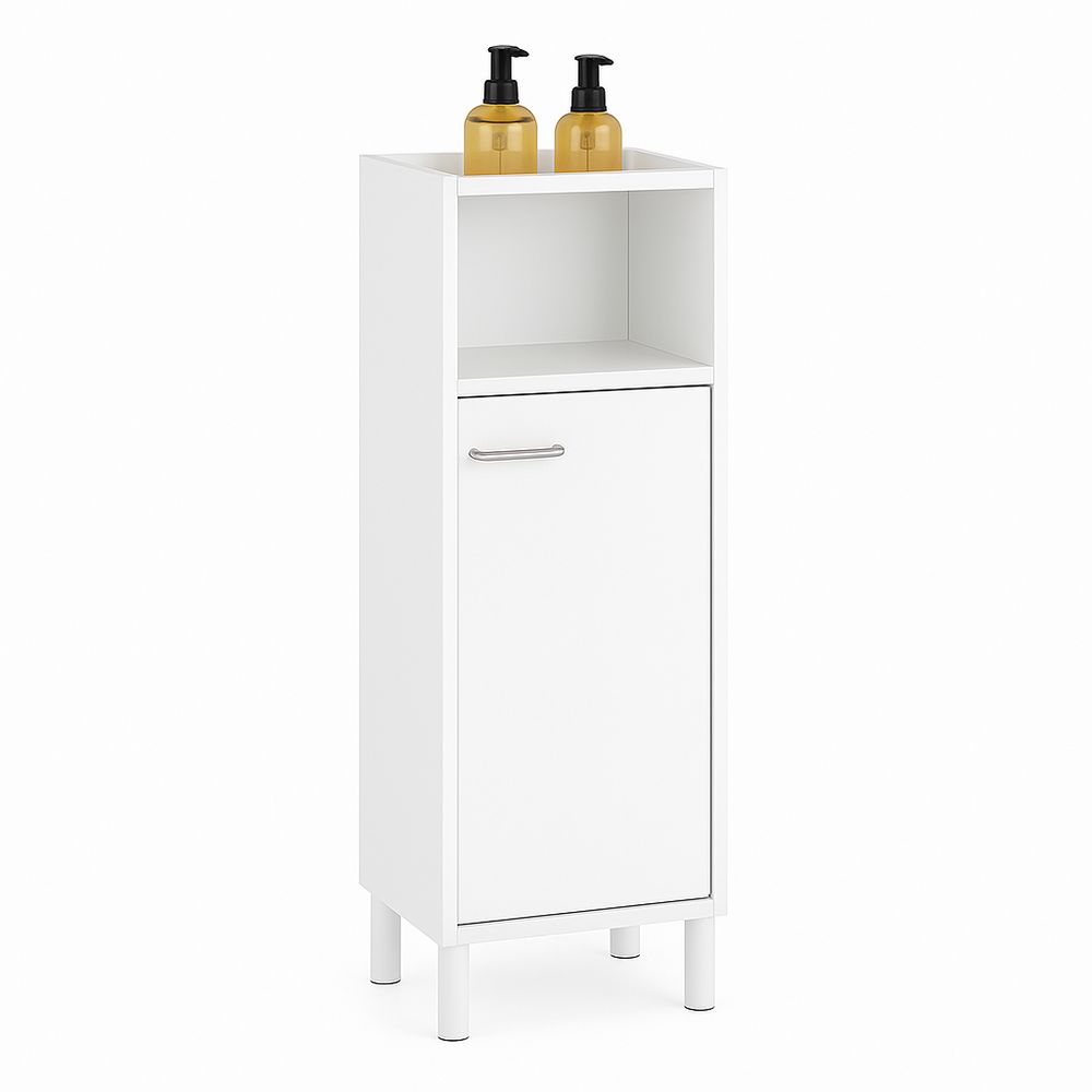 Armario de baño blanco moderno con estante abierto y puerta,almacenamiento funcional para productos de higiene,estilo minimalista,material de madera