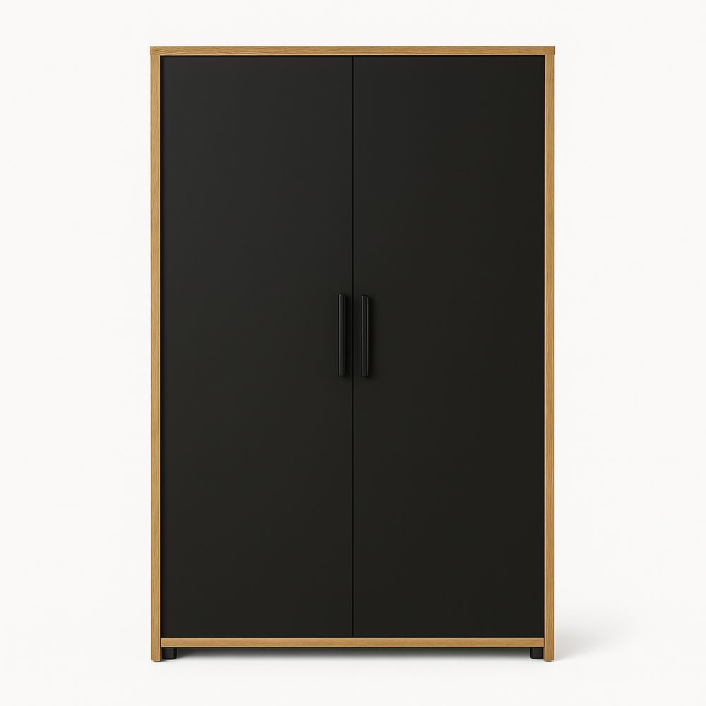 Armario moderno de dos puertas en negro con marco de madera clara, almacenamiento funcional para salón o dormitorio