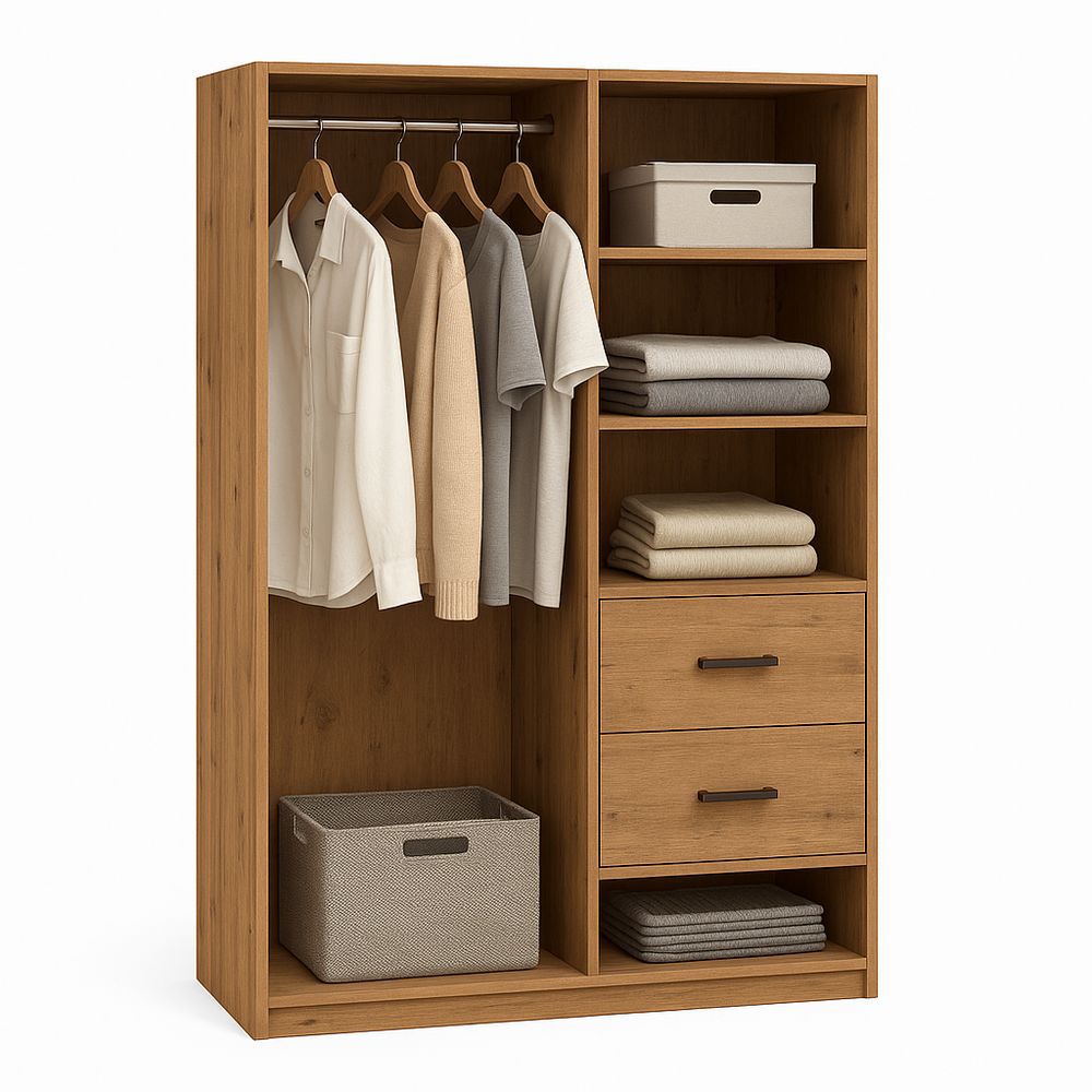 Armario de madera multifuncional con estantes,cajones y barra para colgar ropa
