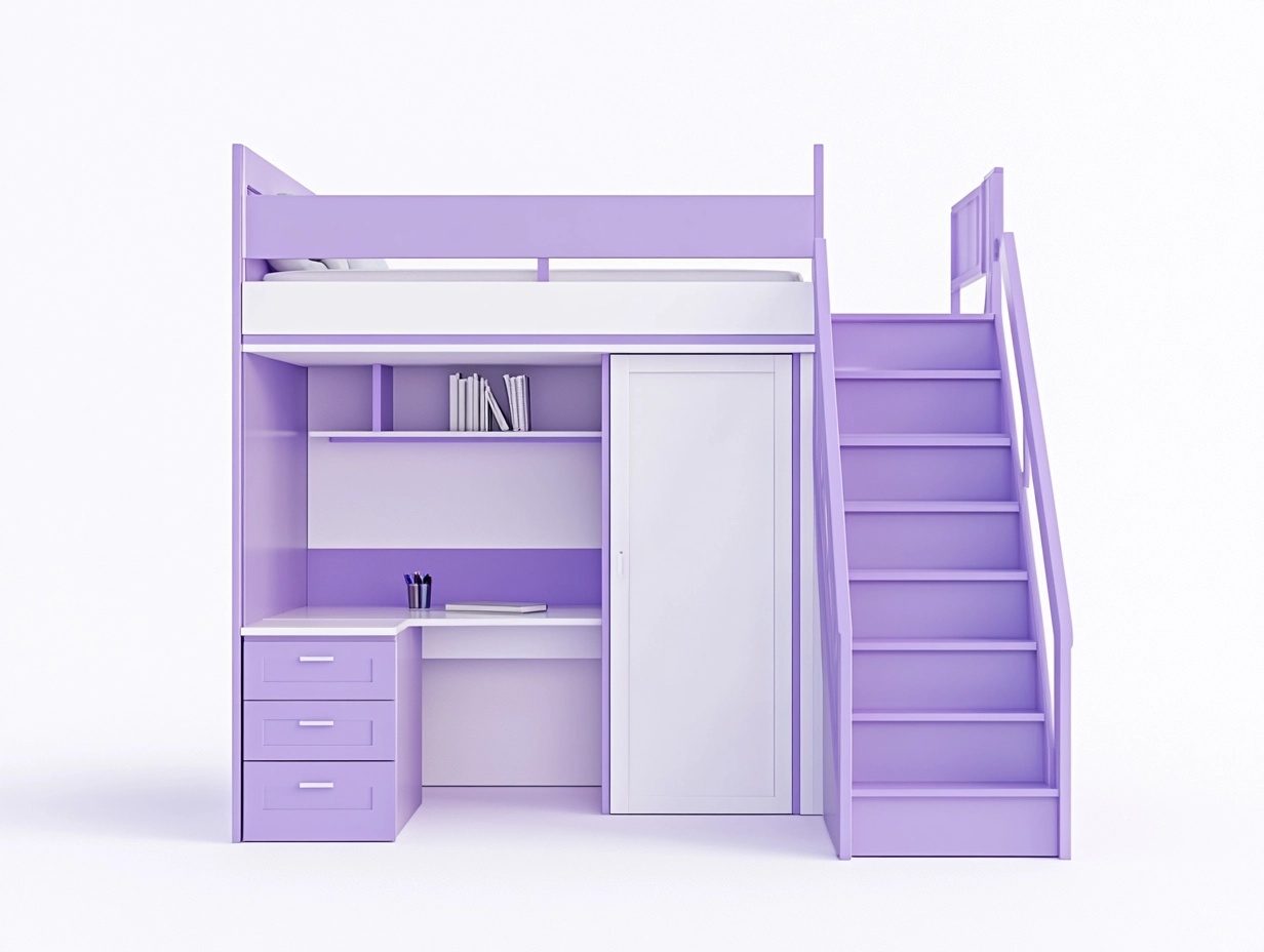 Cama Alta Infantil de 200x100cm con Escritorio Integrado y Armario de Madera en Color Lila Ideal para Dormitorio Juvenil qf7485190