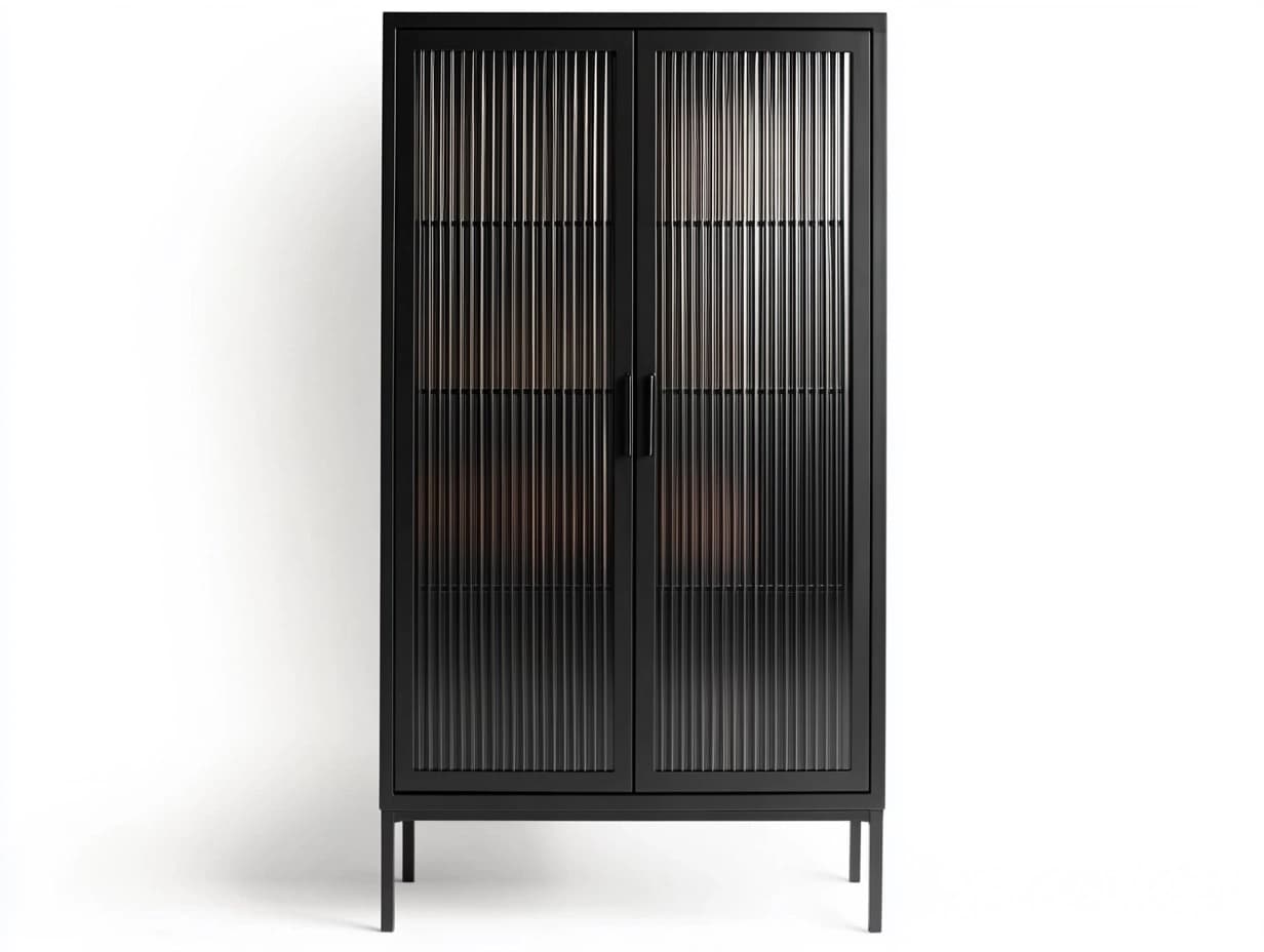 Armario Negro Metal Vidrio Estriado Almacenamiento 180x90x40 cm