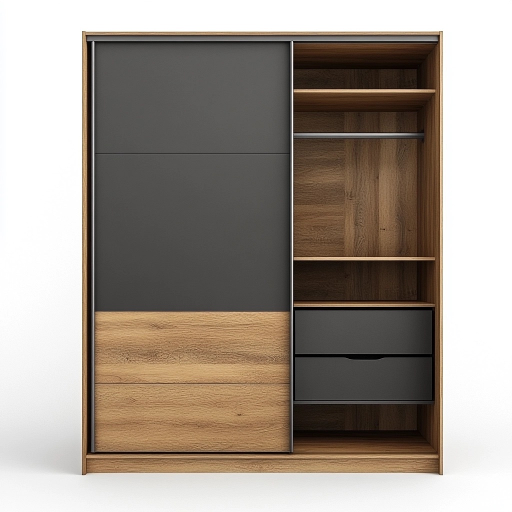 Armario de dormitorio gris y madera MDF, puertas correderas, cajones y compartimentos, 200x180x60 cm LW4507991