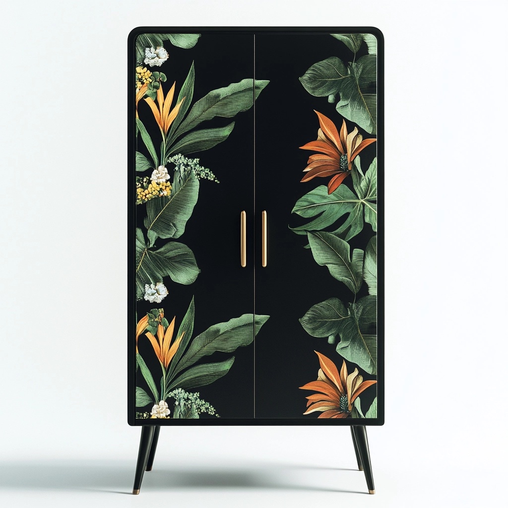 Armario decorativo de madera para dormitorio estilo tropical diseño floral fondo negro puertas dobles funcional 120x80x40 cm mueble de almacenamiento JK8651649