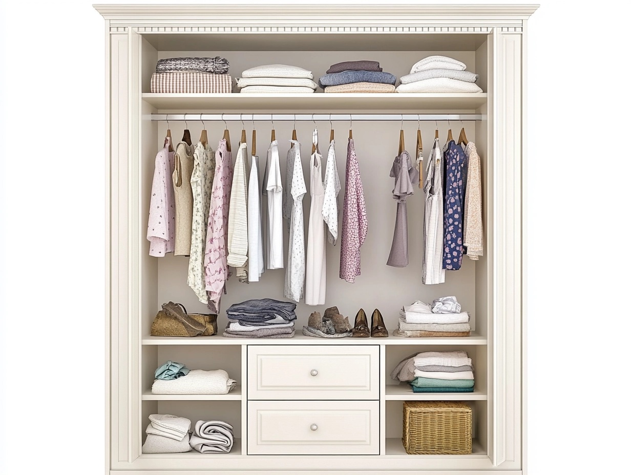 Armario de madera blanco con puertas y estantes