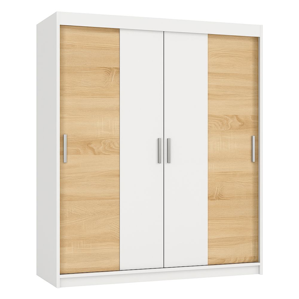 Armario moderno deslizante de 3 puertas, madera clara y blanca, ideal para dormitorios, almacenamiento amplio, diseño minimalista