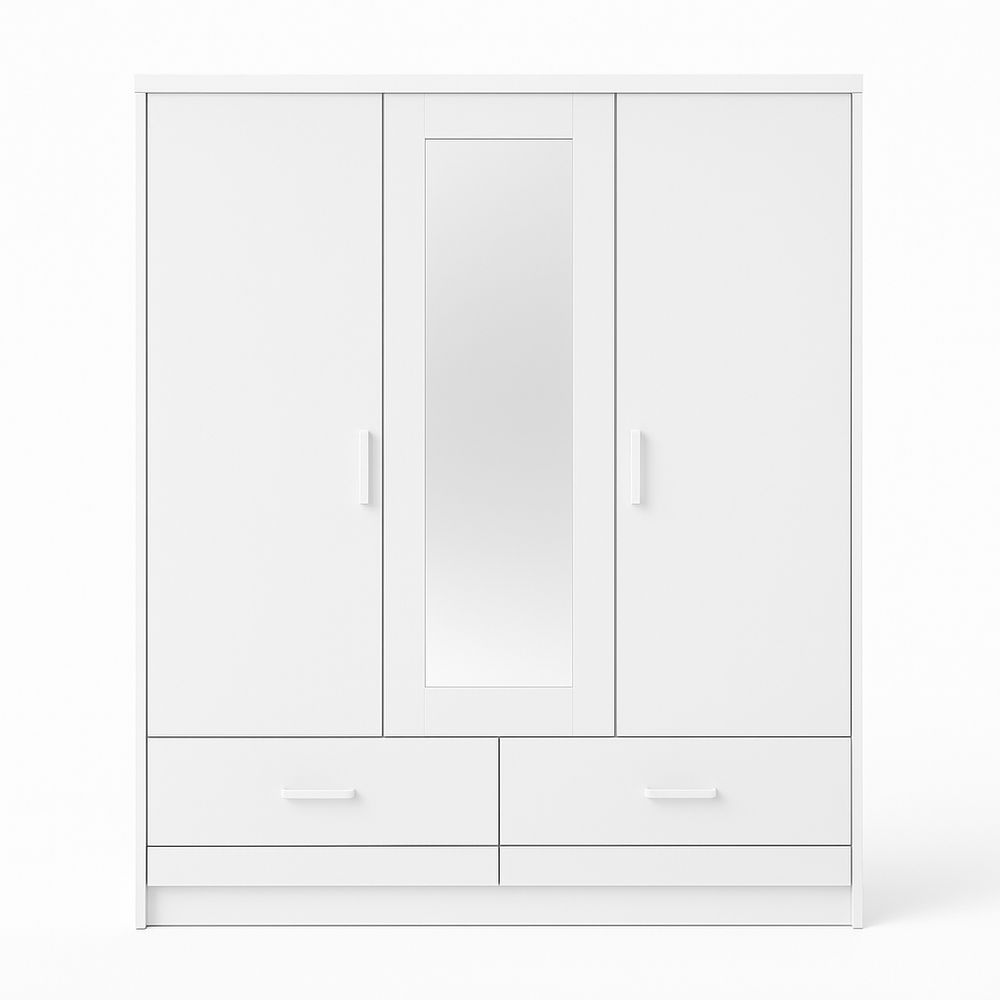 Armario de dormitorio moderno con espejo y cajones, armario blanco de almacenamiento amplio, estructura de madera, 3 puertas, diseño elegante