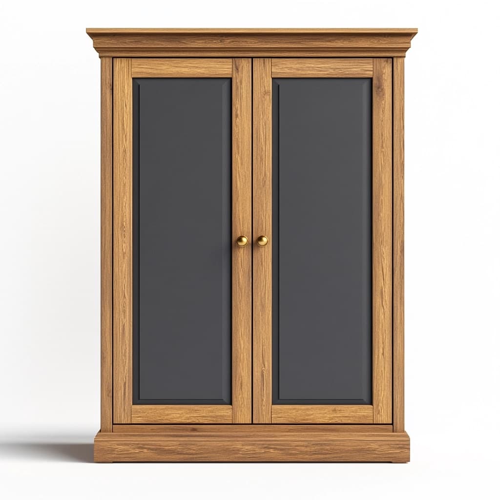 Armario alto de madera para dormitorio y salón, acabado roble y paneles negros, 180x110x45 cm