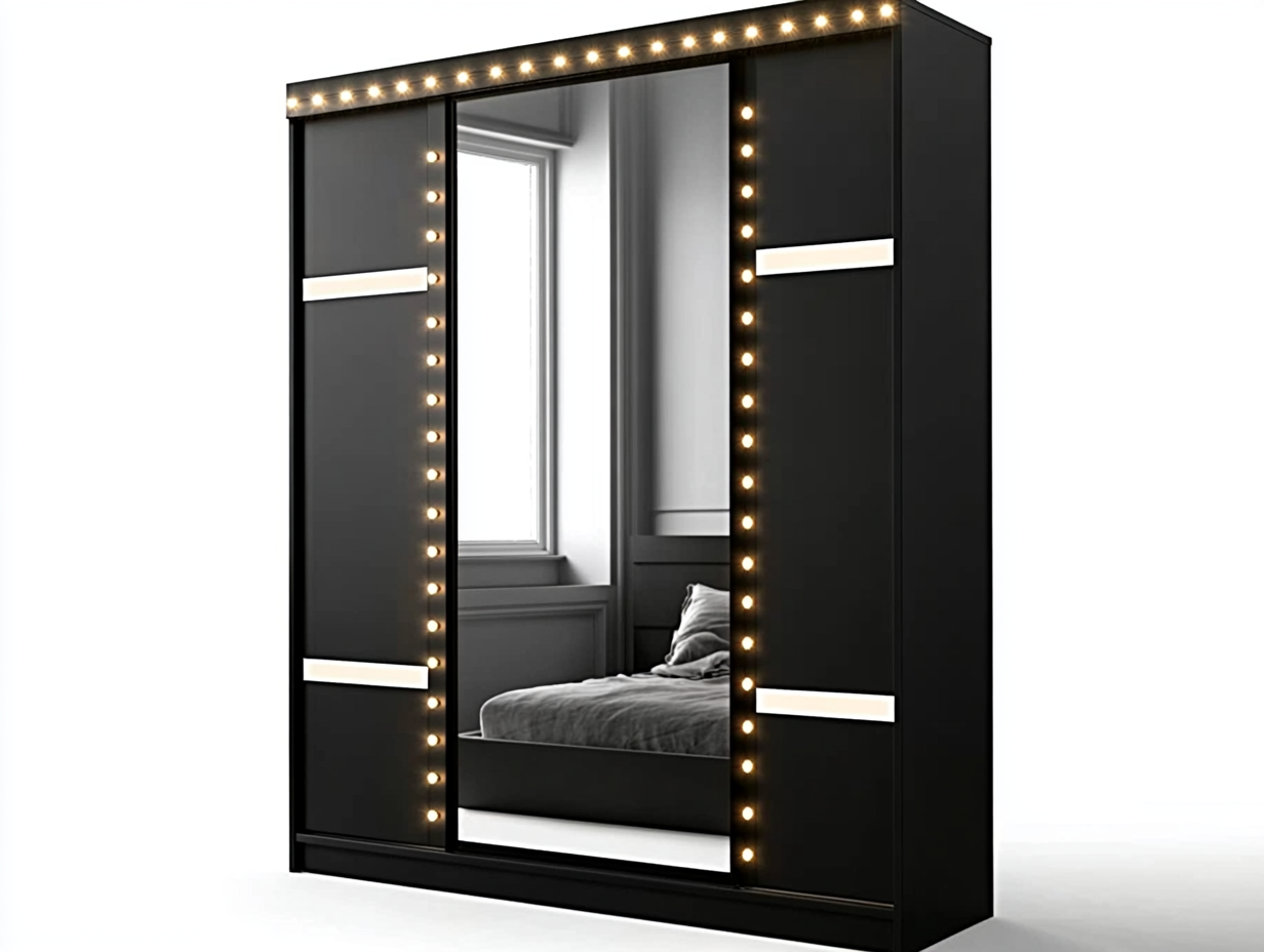 Armario moderno negro con espejo y luces LED para dormitorio