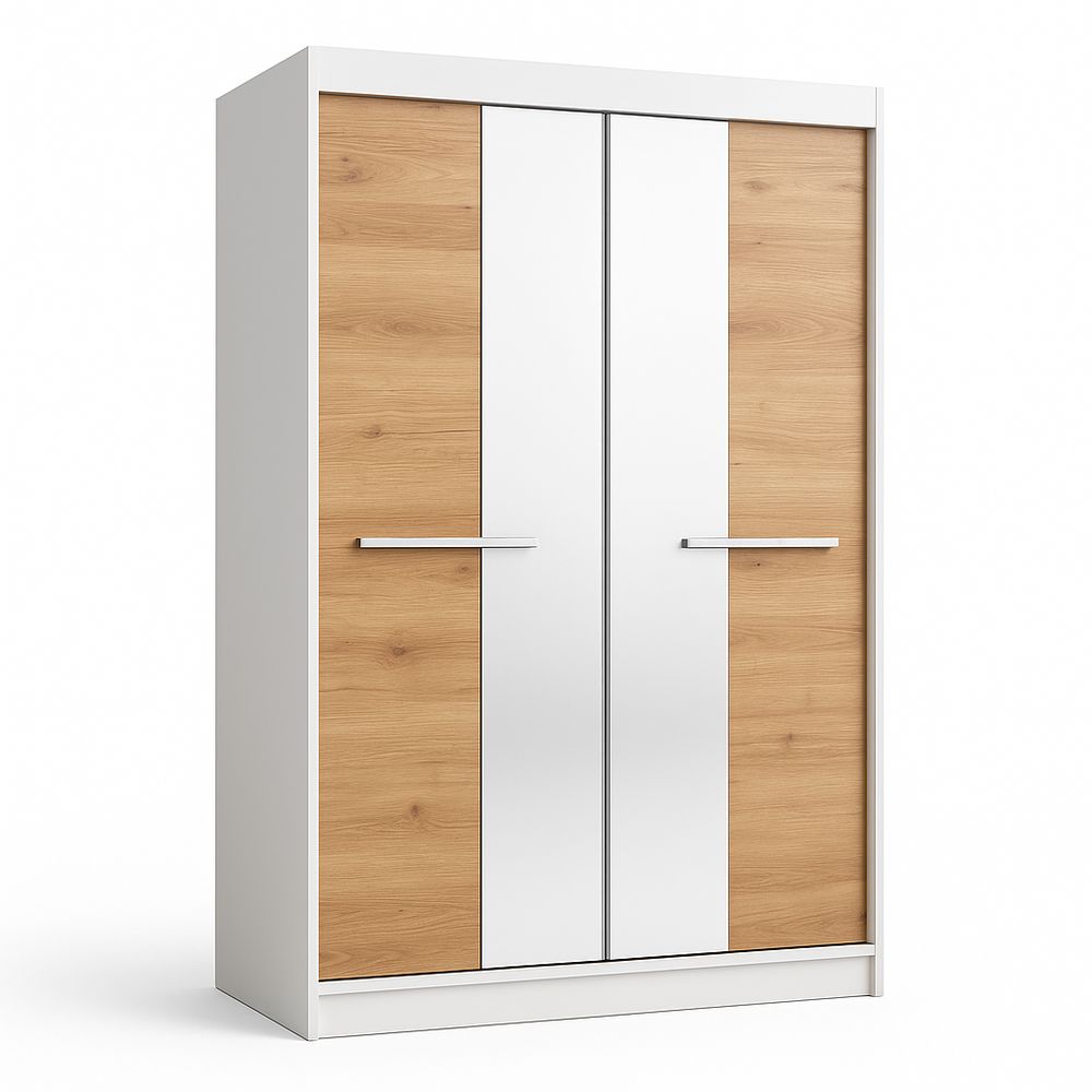 Armario moderno de doble puerta con espejo y acabado en madera clara y blanco, almacenamiento eficiente, diseño contemporáneo