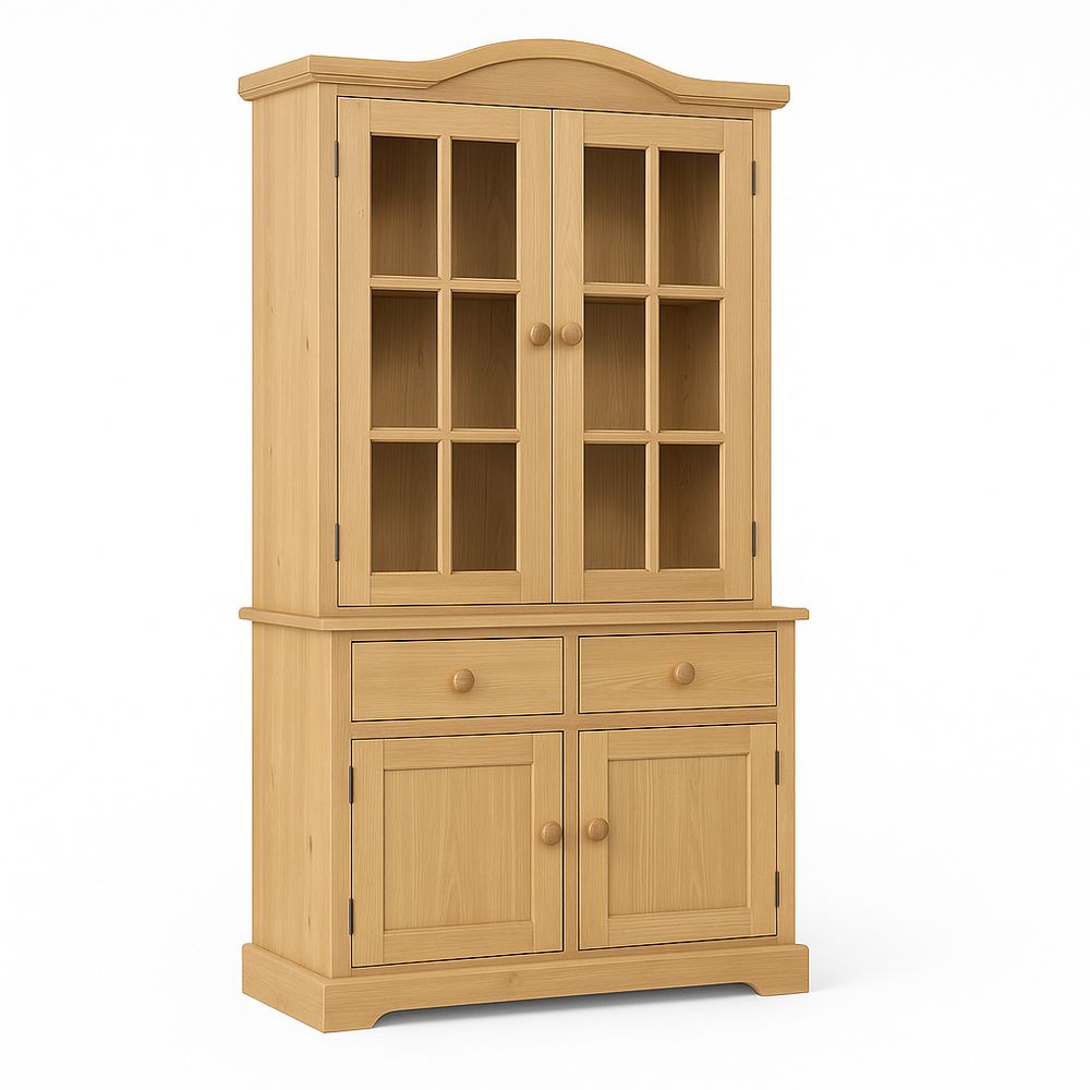 Armario de Madera Natural de Diseño Clásico con Puertas de Cristal y Cajones para Almacenamiento