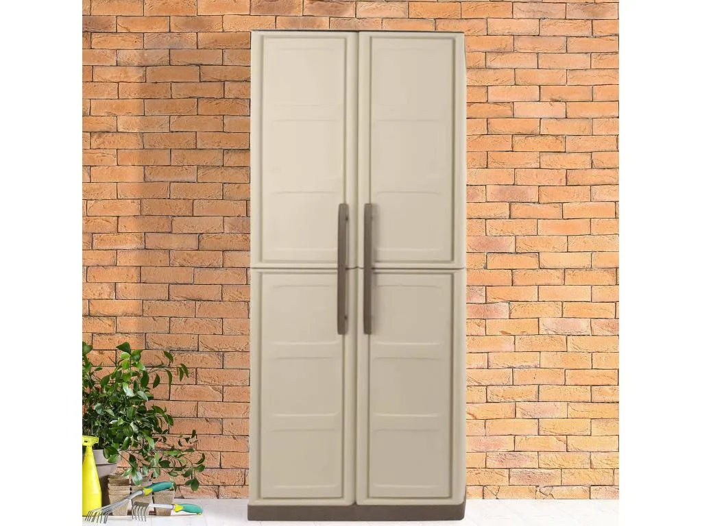 Armario de exterior Decoesp Mueble de balcón multiusos Mueble de exterior de 2 puertas Made in Italy Beige y Marrón Acabado cuadros 30456GMYE