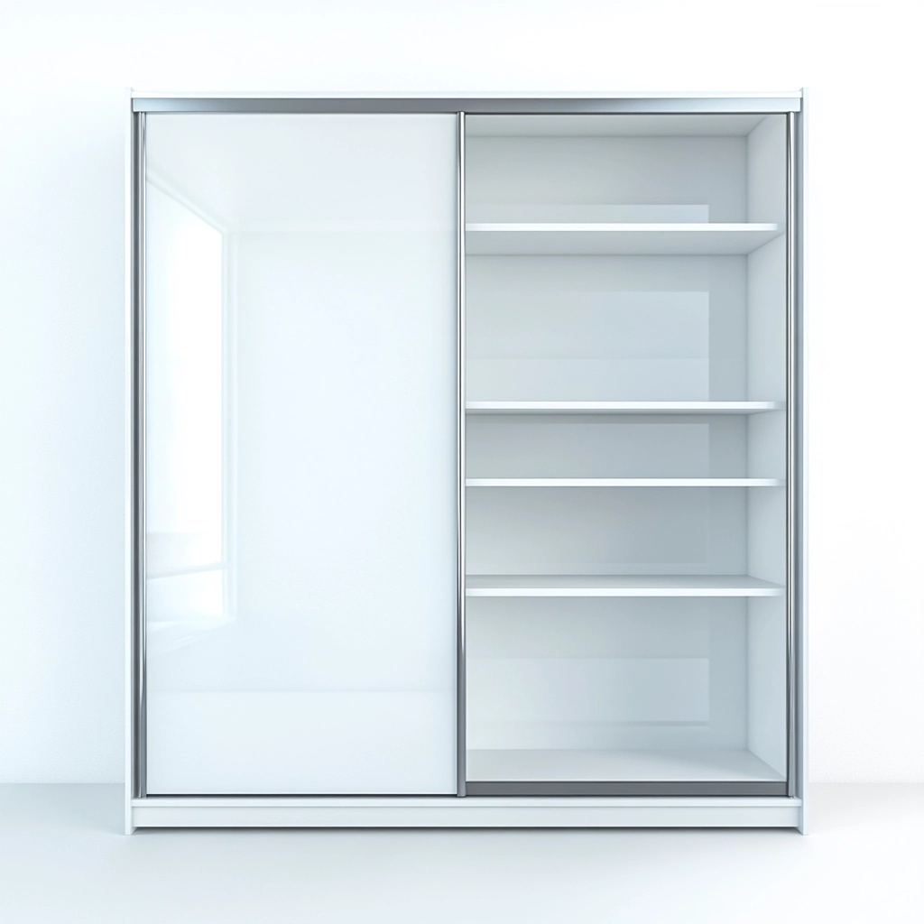 Armario de dormitorio con puertas correderas blanco moderno de madera y vidrio con estantes grandes TH0538078