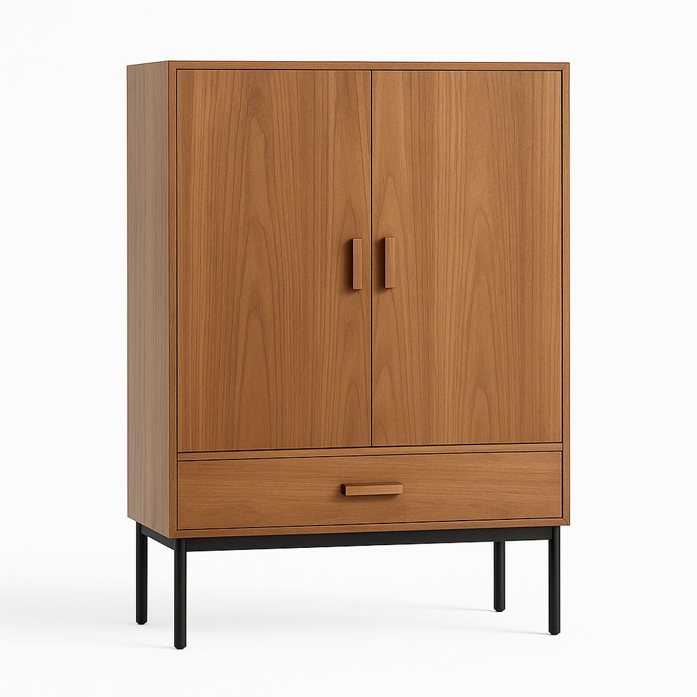 Armario moderno de madera, estilo escandinavo con puertas dobles y compartimento inferior, acabado en roble claro, ideal para decoración minimalista