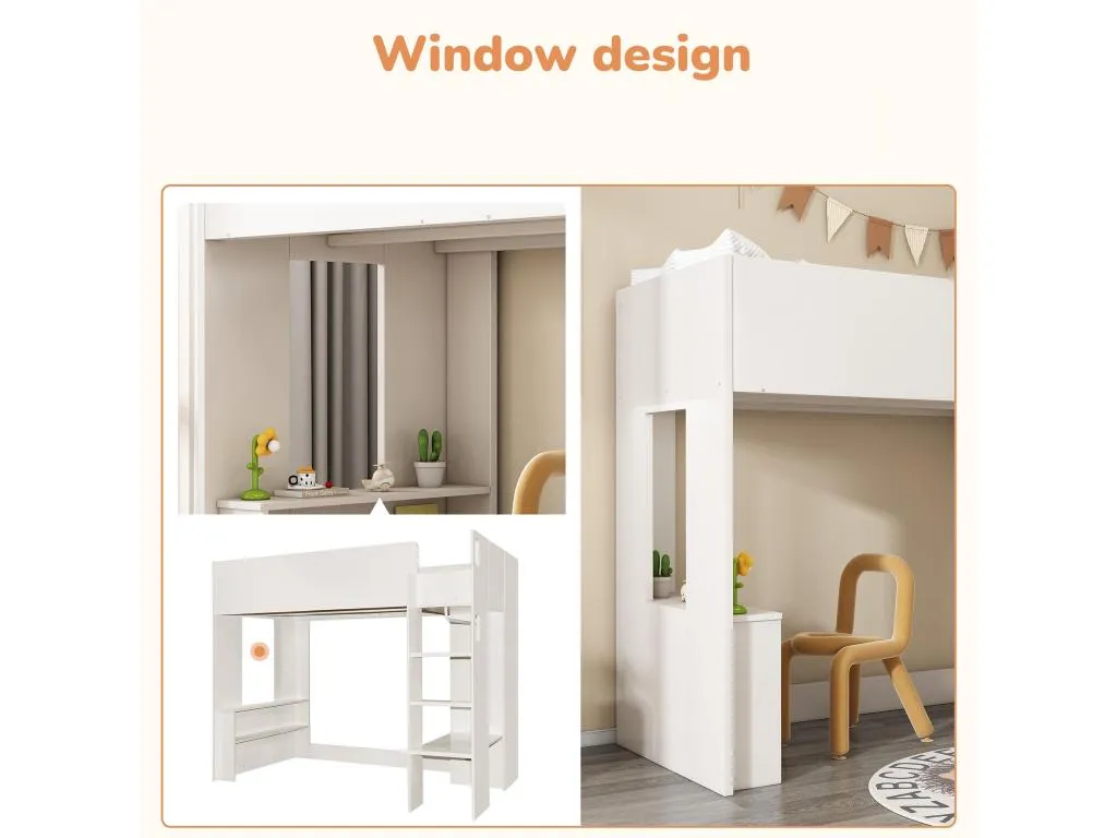 Cama altillo para niños de 90x200 cm - con armario estantes abiertos y escaleras - Blanco 43970ECHK