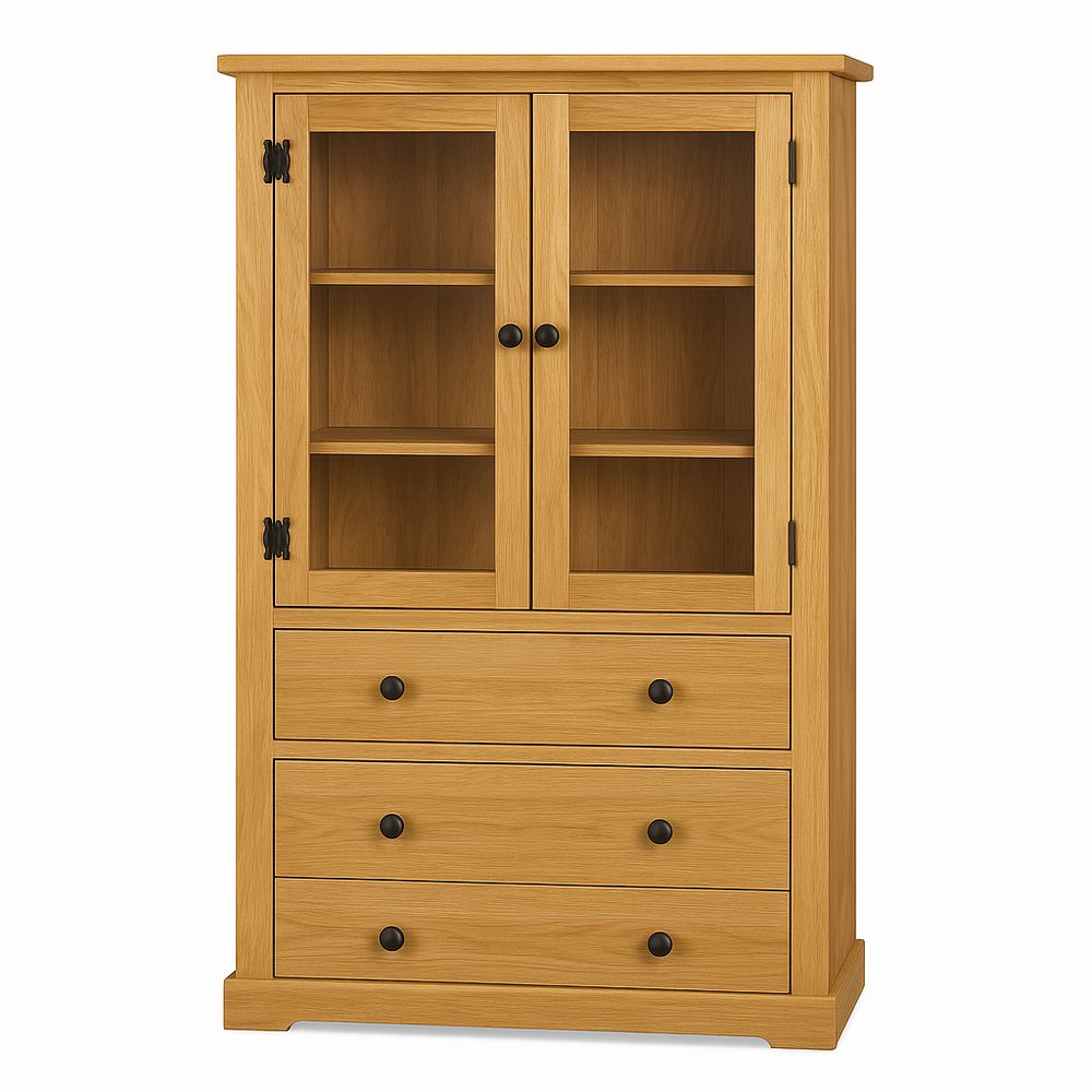 Armario de madera natural con puertas de cristal,estilo nórdico,tres cajones,organización elegante,tamaño 180x90x40cm