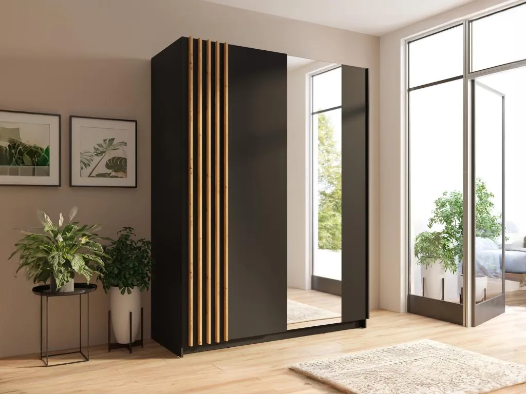 Armario 2 puertas correderas - Con espejo - L150 cm - Negro y natural - Decounico