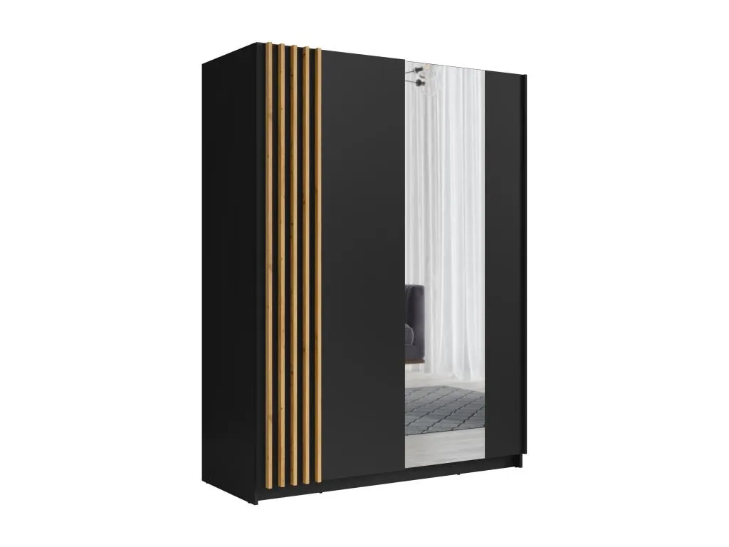 Armario 2 puertas correderas - Con espejo - L150 cm - Negro y natural - Decounico