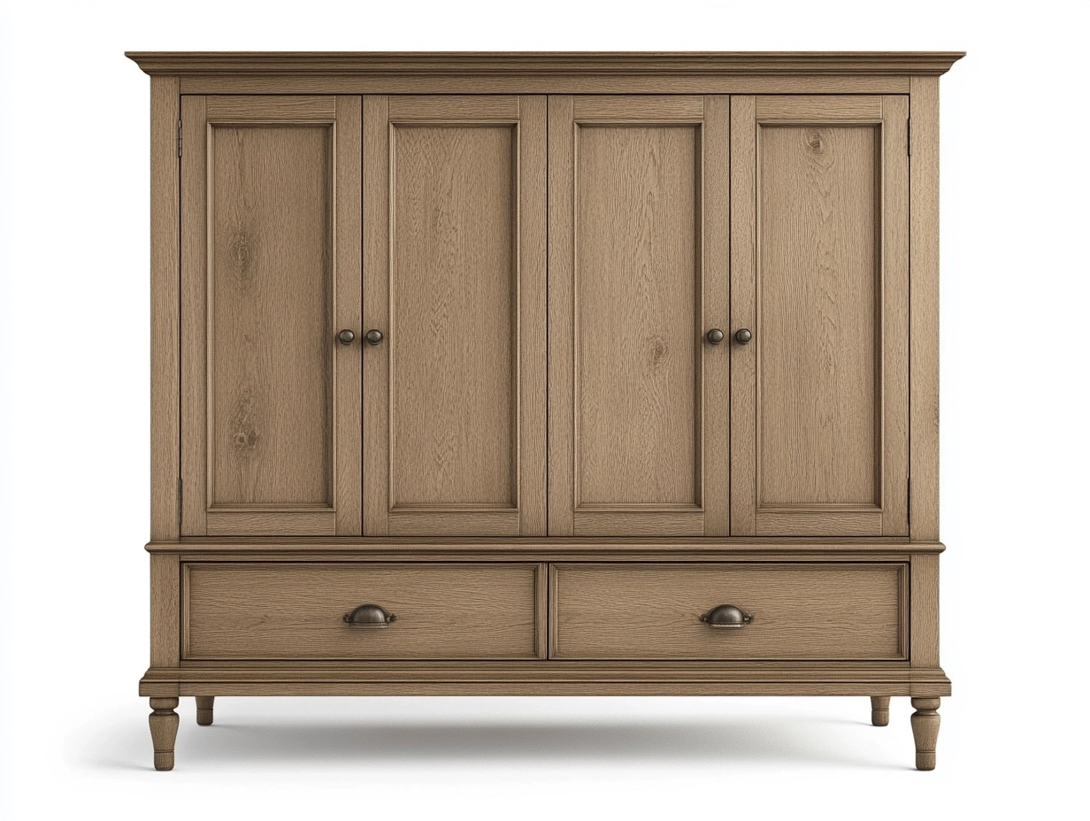 Armario de roble natural estilo clásico con cuatro puertas y dos cajones para dormitorio 180x60x200 cm SN5482360