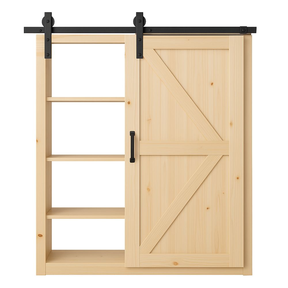 Armario deslizante de madera de pino con estanterías, estilo rústico, puerta corrediza, multifuncional, color natural, 180x90x40 cm