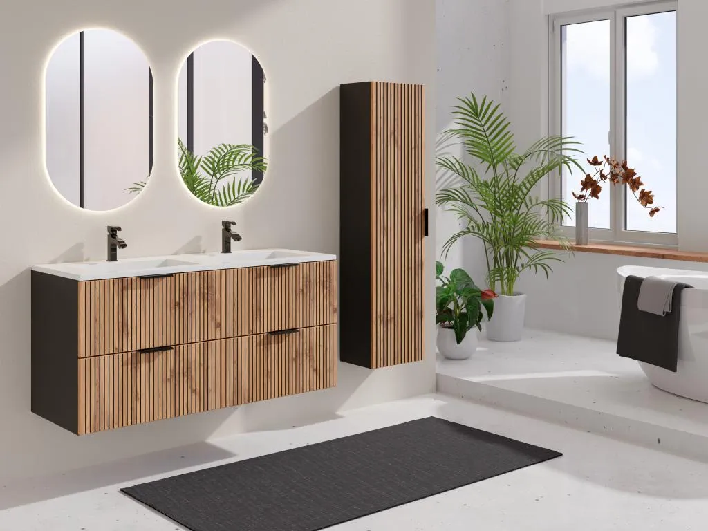 Mueble de baño flotante listado con lavabo empotrado y armario - Natural claro y negro - 120 cm - Hogarve 95101kelw