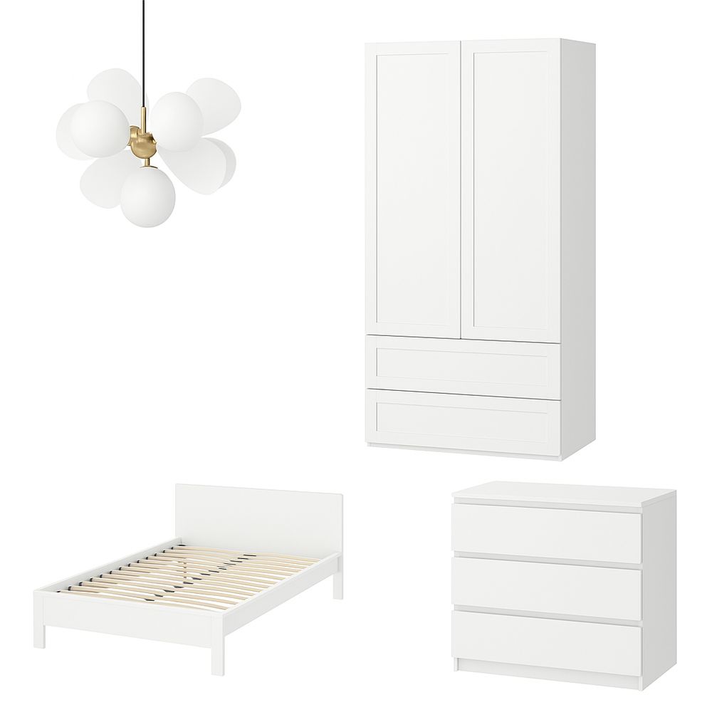 Juego de muebles de dormitorio moderno en blanco,cama,armario y cómoda