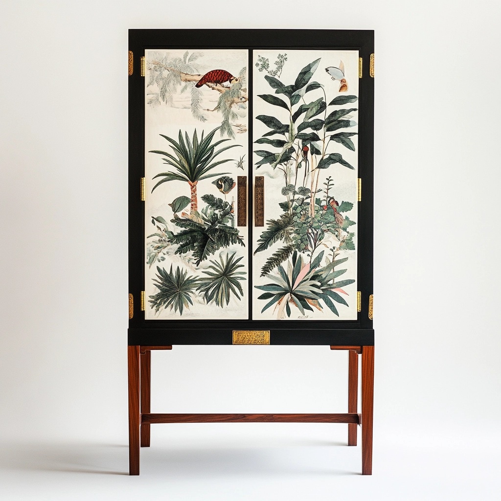 Armario decorativo de madera maciza negro, diseño botánico con puertas ilustradas, 160x90x40 cm RQ0446618