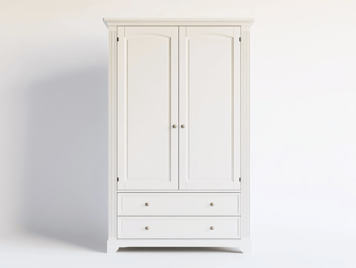 Armario blanco de madera con 2 puertas y 2 cajones para dormitorio clásico